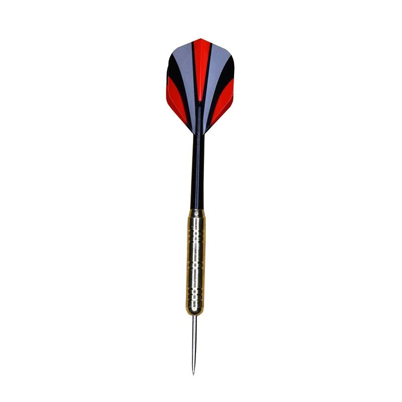 Single Arrow180 steel tip dart with a gold coloured barrel, black shaft and blue, black and grey flight against a white background.