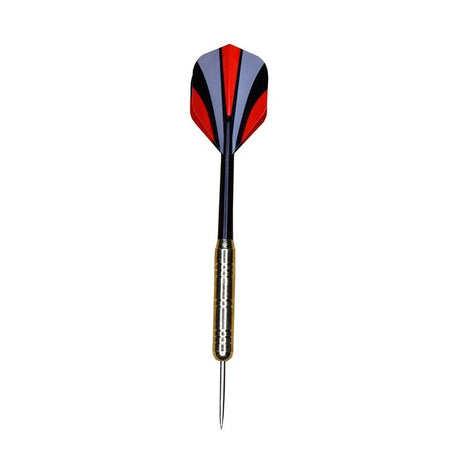 Single Arrow180 steel tip dart with a gold coloured barrel, black shaft and blue, black and grey flight against a white background.
