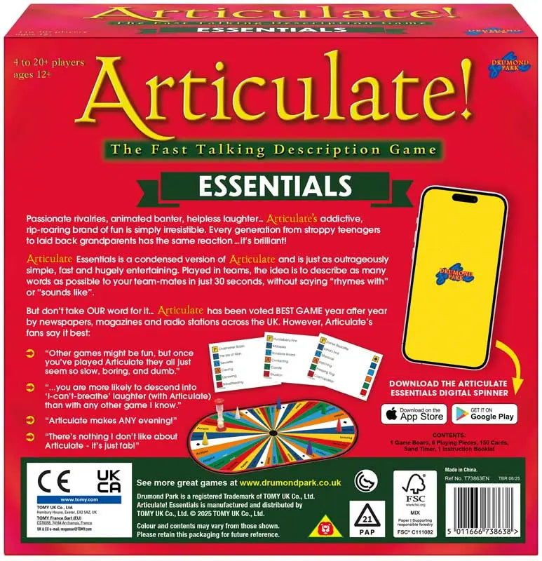 Articulate Essentials Edition back packaging showing game instructions, playing board, cards, mobile timer app details and box contents 