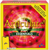 Articulate Essentials Edition front packaging showing the red and yellow game box with Articulate Essentials branding and mobile timer app graphic