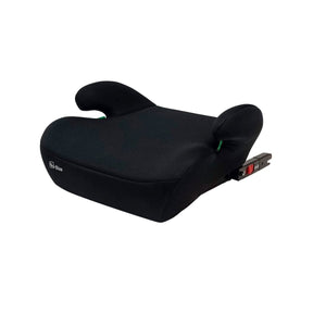 Black Asalvo CoreFix I Size booster seat shown from a front three quarter view with padded armrests, fabric upholstery, and Isofix connector visible on the side
