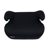 Black Asalvo CoreFix I Size booster seat shown from the front with wide seating area, raised armrests, and I Size label visible on the front edge