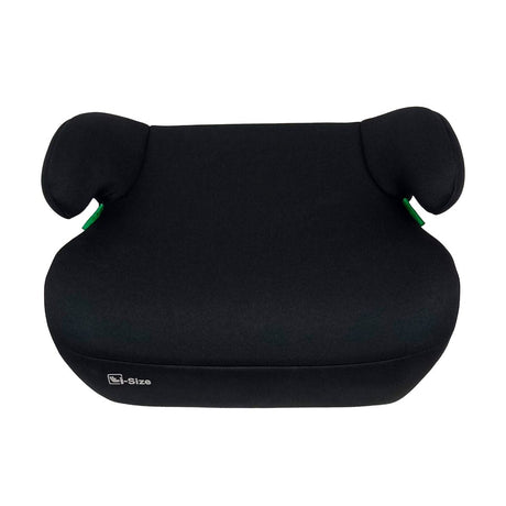 Black Asalvo CoreFix I Size booster seat shown from the front with wide seating area, raised armrests, and I Size label visible on the front edge