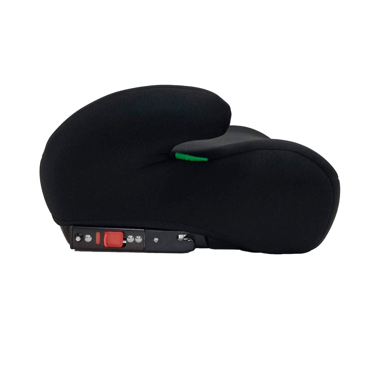 Black Asalvo CoreFix I Size booster seat shown in side profile with contoured seating shape, padded armrest, and Isofix attachment visible underneath