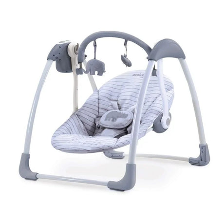 Asalvo Daddy Hippo Musical Baby Swing front angle view with grey frame and toy bar