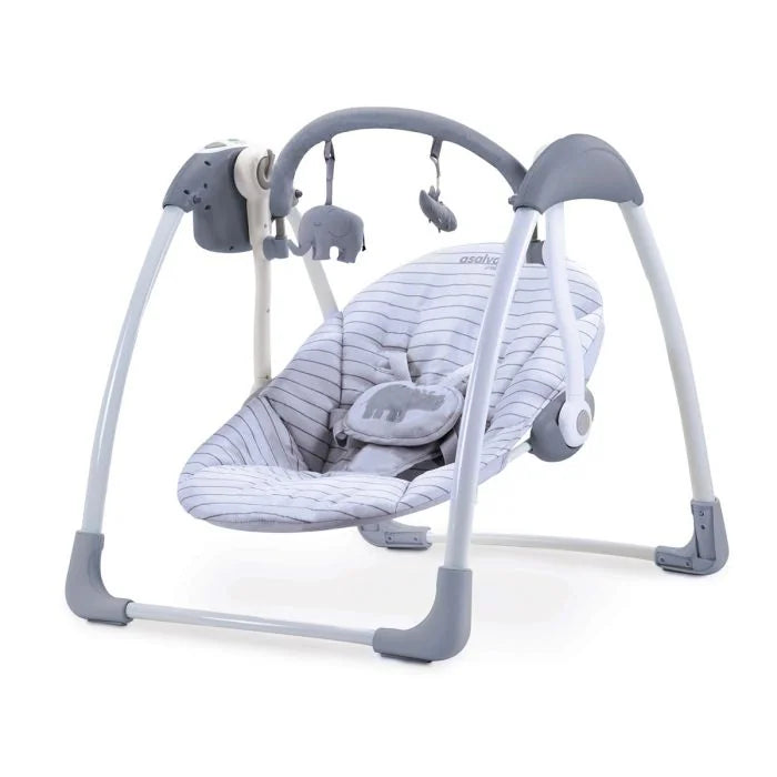 Asalvo Daddy Hippo Musical Baby Swing showing striped seat pad, harness and hanging hippo toy