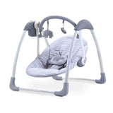 Asalvo Daddy Hippo Musical Baby Swing showing striped seat pad, harness and hanging hippo toy