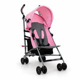 Asalvo Freedom Candy pink and grey stroller angled front view with black double wheels
