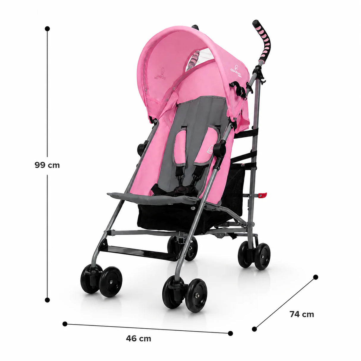 Asalvo Freedom Candy pink stroller with 99 cm height, 46 cm width and 74 cm depth shown