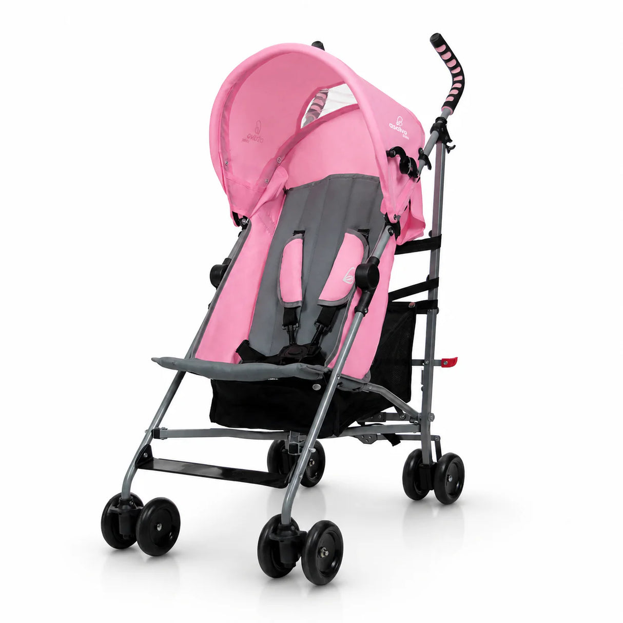 Asalvo Freedom Candy pink and grey stroller front angle with canopy and harness