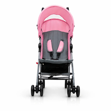 Asalvo Freedom Candy pink stroller front view showing seat harness and canopy window