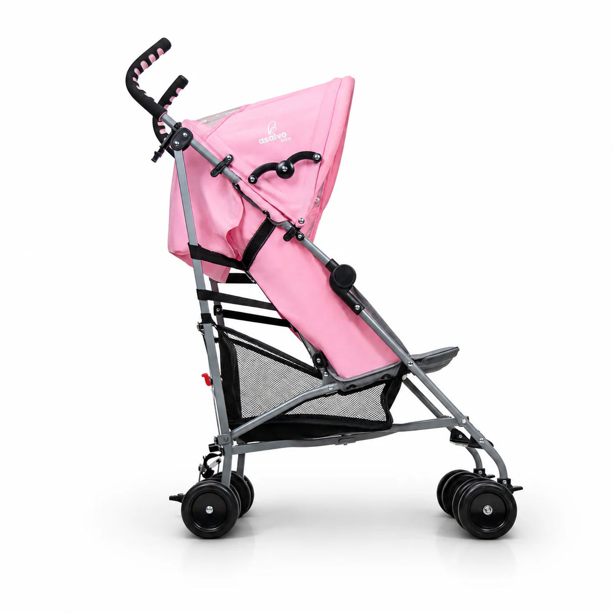 Asalvo Freedom Candy pink stroller side view with storage basket and double wheels