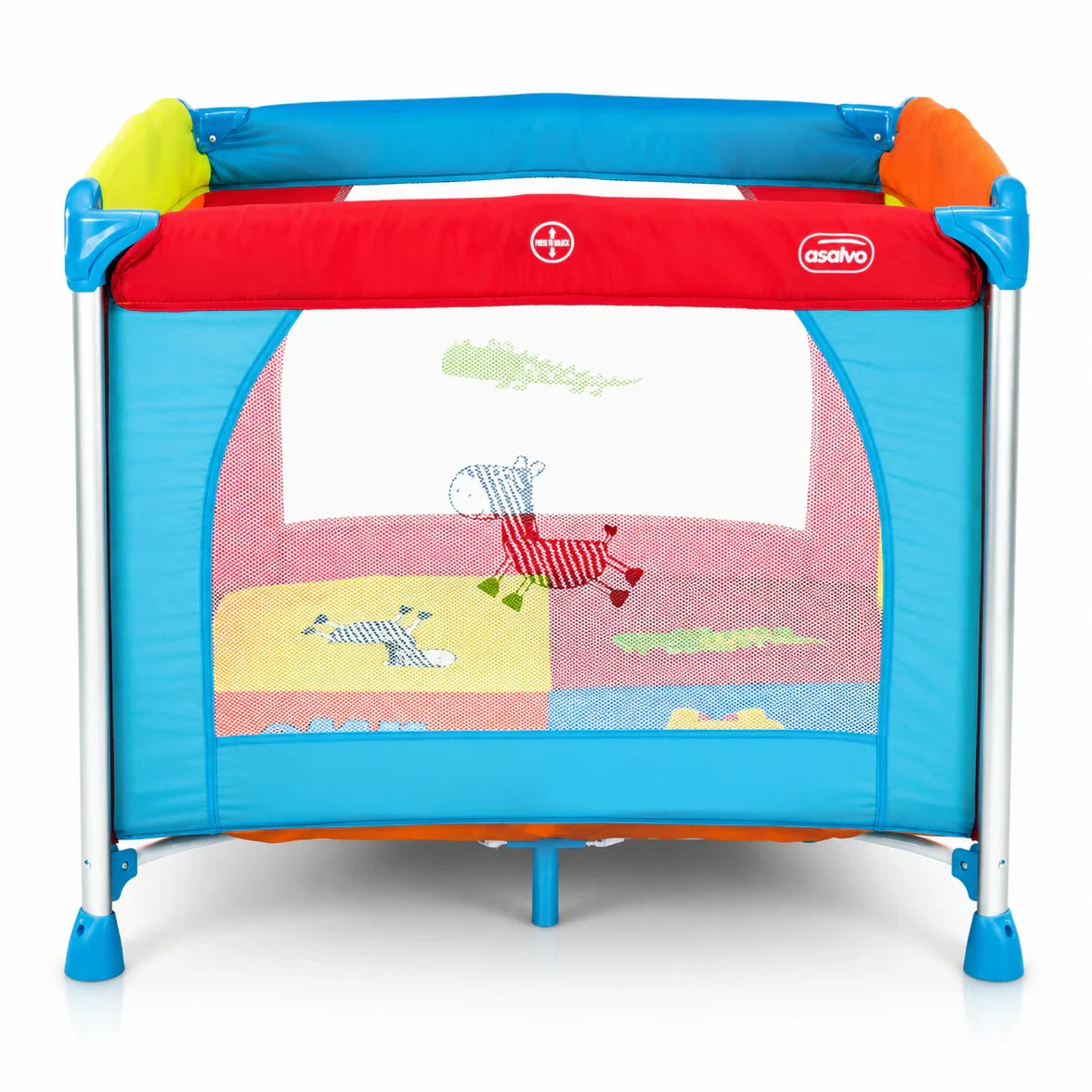 Asalvo Jungle aluminium playpen front view with blue and red panels, net sides and animal print base