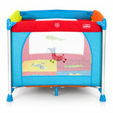 Asalvo Jungle aluminium playpen front view with blue and red panels, net sides and animal print base