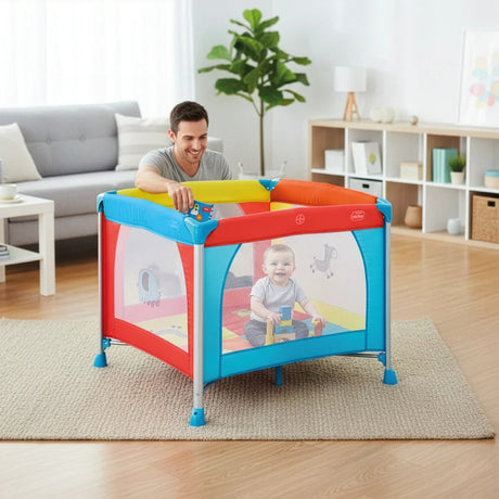 Asalvo Jungle aluminium playpen in living room with adult and child inside colourful net playpen