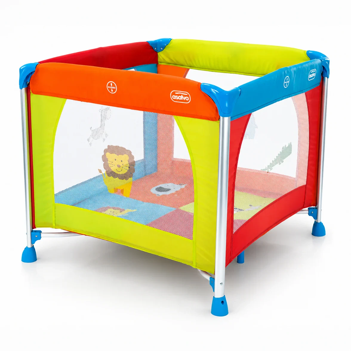 Asalvo Jungle aluminium playpen three quarter side view with red, yellow, orange and blue panels