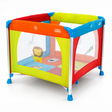 Asalvo Jungle aluminium playpen three quarter side view with red, yellow, orange and blue panels