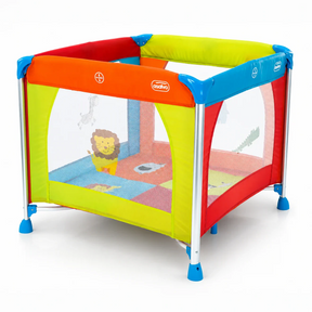 Asalvo Jungle aluminium playpen three quarter side view with red, yellow, orange and blue panels