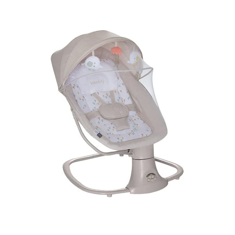 Asalvo Kahlo Trees baby bouncer angled view with canopy, toy bar and safety harness