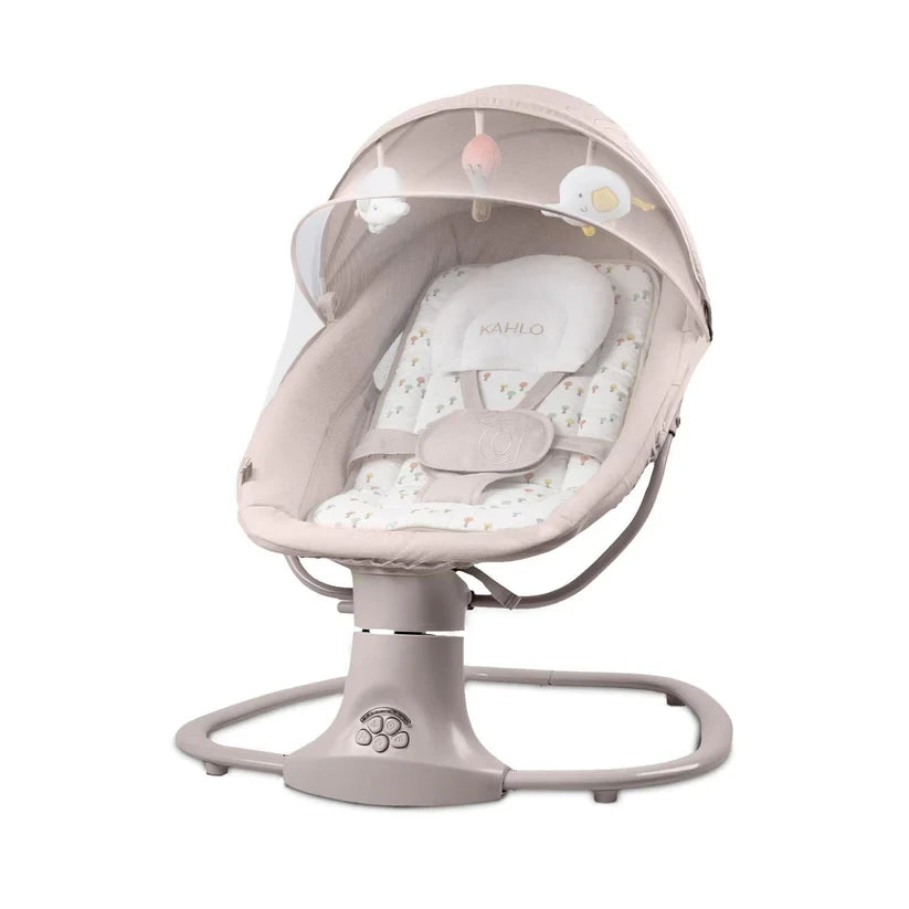 Asalvo Kahlo Trees baby bouncer front angled view with canopy, toy bar and beige frame