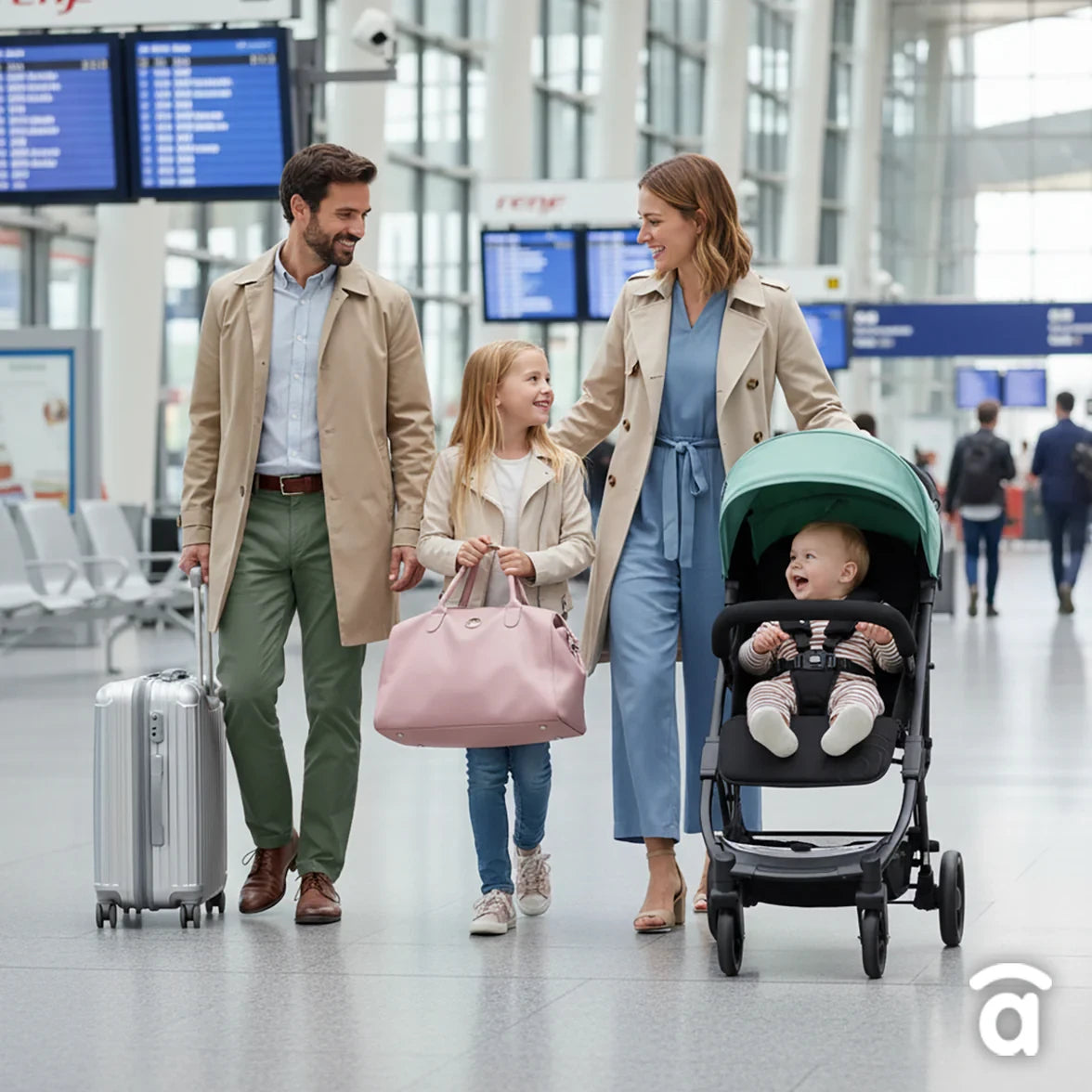 Family walking through an airport with an Asalvo Kubic 2 green and black stroller