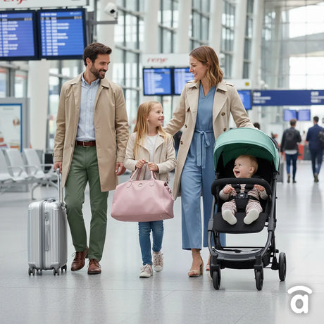 Family walking through an airport with an Asalvo Kubic 2 green and black stroller