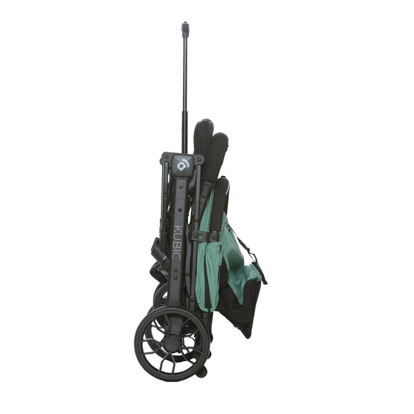 Asalvo Kubic 2 green stroller folded upright with wheels and carry handle visible