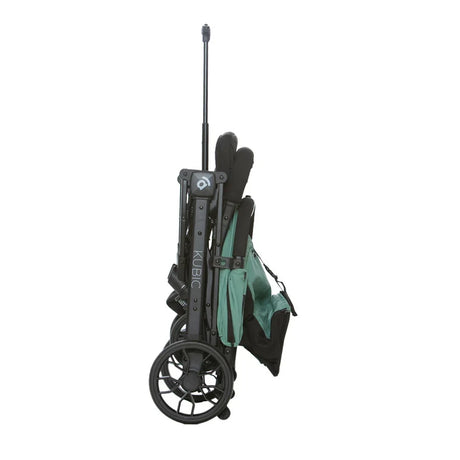 Asalvo Kubic 2 green stroller folded upright with wheels and carry handle visible