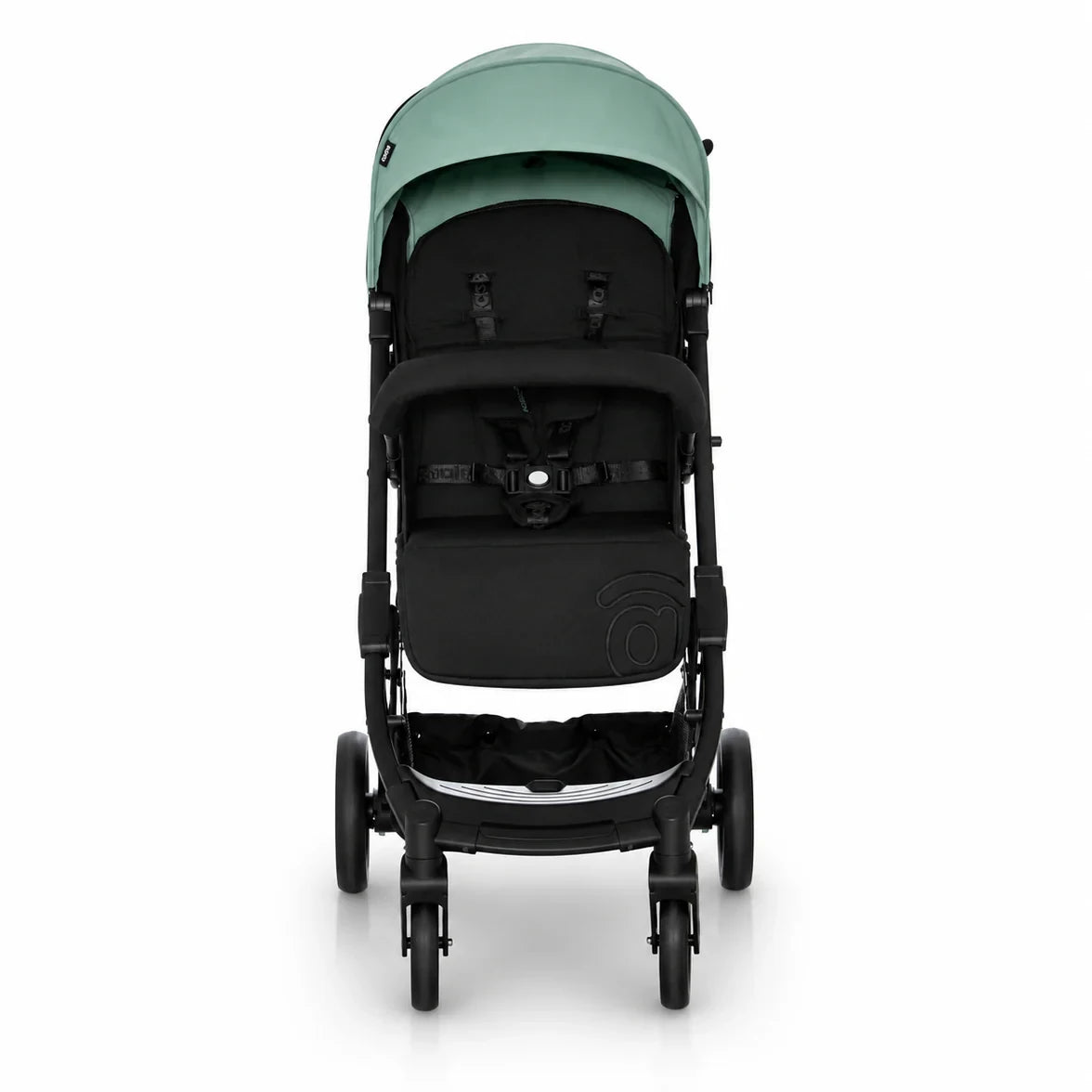 Asalvo Kubic 2 green and black stroller front view with canopy and harness