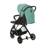 Asalvo Kubic 2 green and black stroller rear angle view with canopy, handlebar and basket