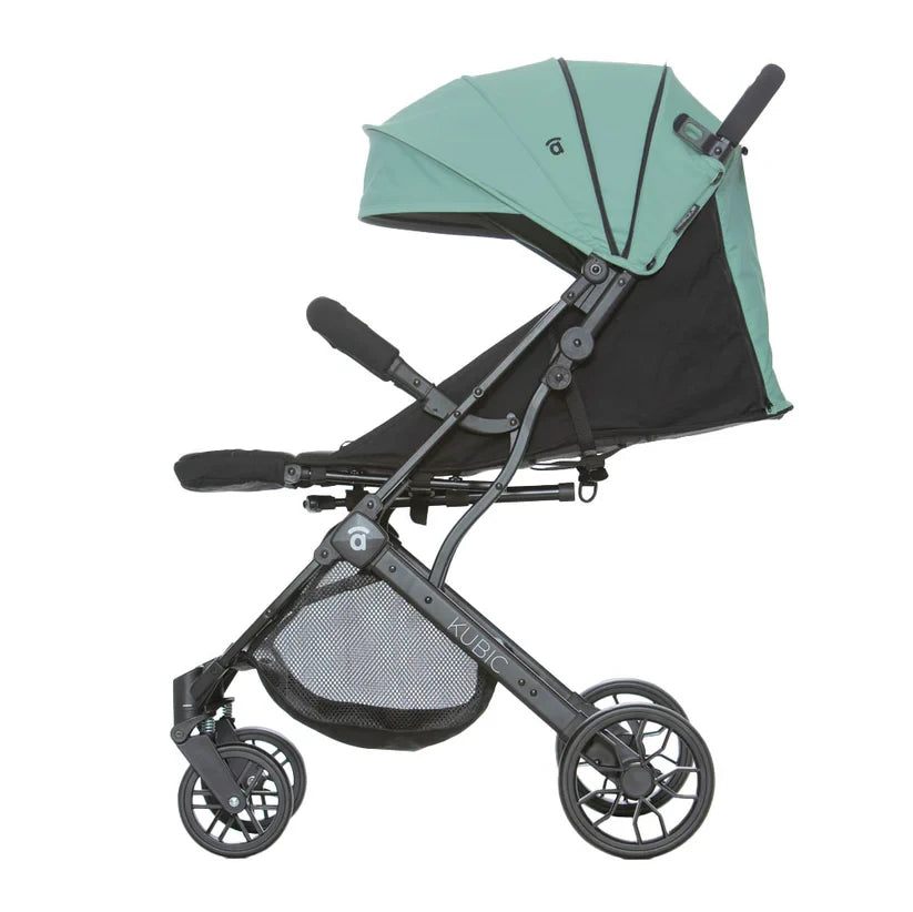 Asalvo Kubic 2 green and black stroller side view with reclined seat and canopy open