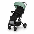 Asalvo Kubic 2 green and black stroller three quarter front view with canopy and safety bar