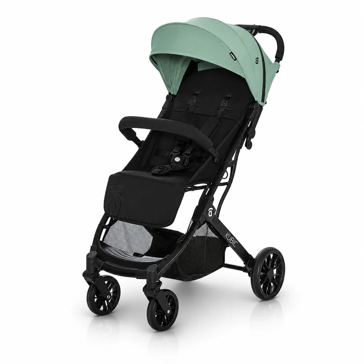Asalvo Kubic 2 green and black stroller three quarter front view with canopy and safety bar