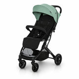 Asalvo Kubic 2 green and black stroller three quarter front view with canopy and safety bar