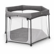 Asalvo Luxemburgo Playpen front angle view showing grey fabric frame and mesh side panels
