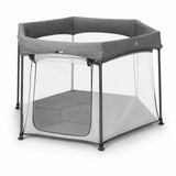 Asalvo Luxemburgo Playpen front angle view showing grey fabric frame and mesh side panels