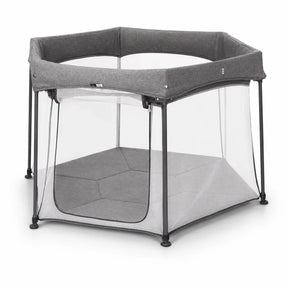 Asalvo Luxemburgo Playpen front angle view showing grey fabric frame and mesh side panels