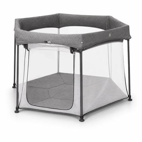 Asalvo Luxemburgo Playpen front angle view showing grey fabric frame and mesh side panels