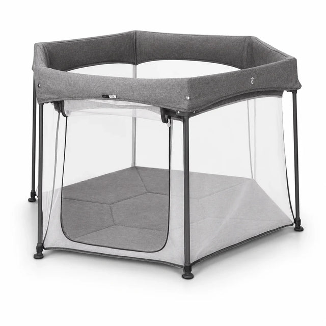 Asalvo Luxemburgo Playpen front angle view showing grey fabric frame and mesh side panels