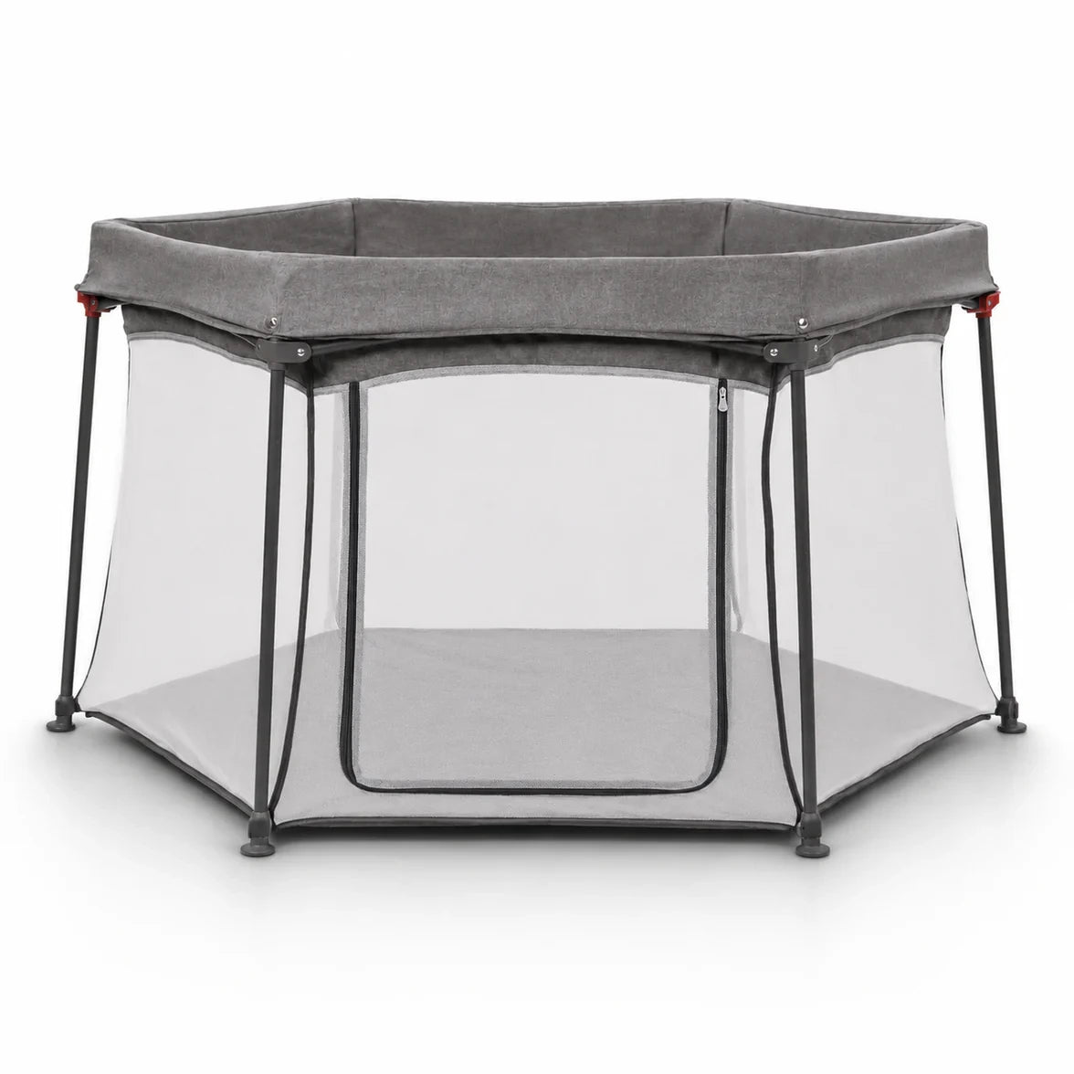 Asalvo Luxemburgo Playpen front view showing grey frame, mesh sides and zip entry panel