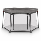 Asalvo Luxemburgo Playpen front view showing grey frame, mesh sides and zip entry panel