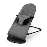 Angled view of the grey Asalvo Paradise baby bouncer showing the padded seat and black frame