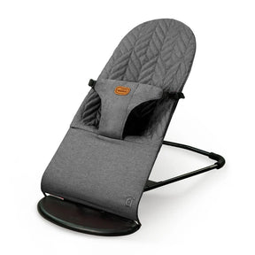 Angled view of the grey Asalvo Paradise baby bouncer showing the padded seat and black frame