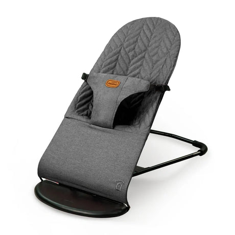 Angled view of the grey Asalvo Paradise baby bouncer showing the padded seat and black frame