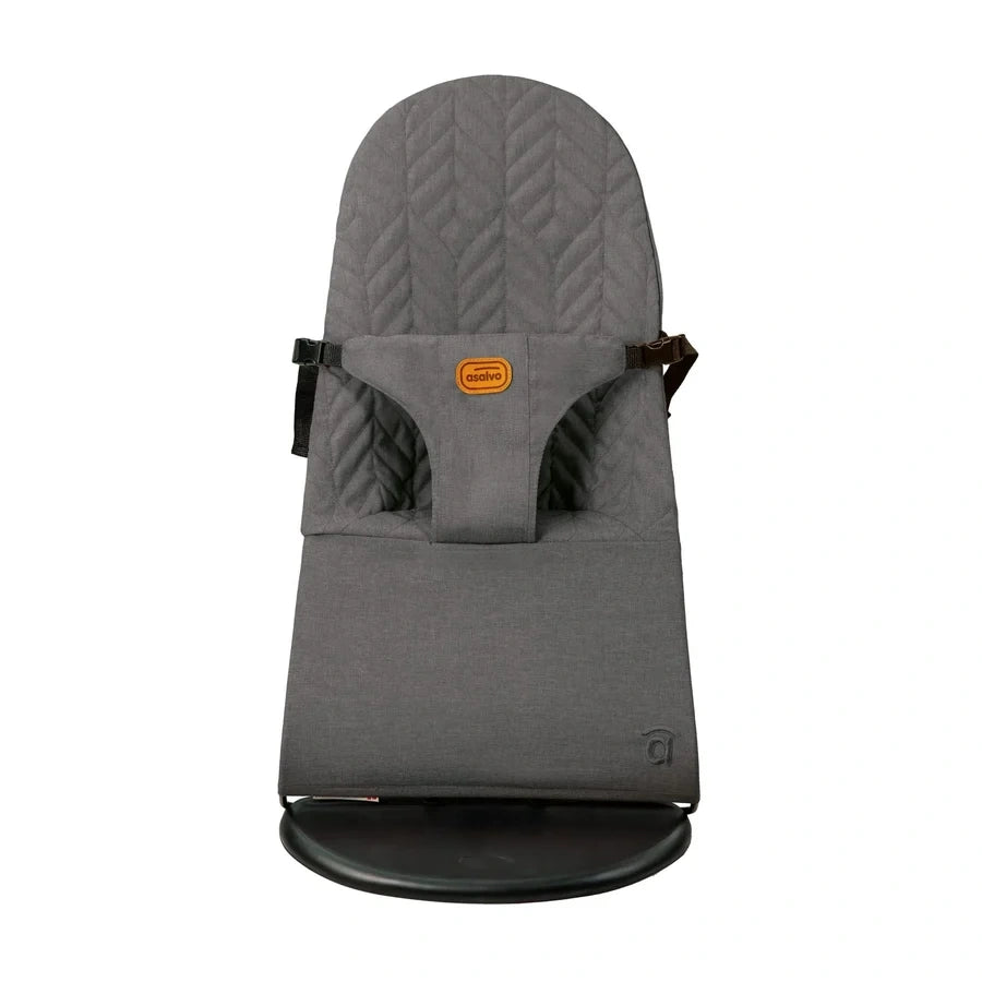 Grey Asalvo Paradise baby bouncer shown from the front with padded seat and black base