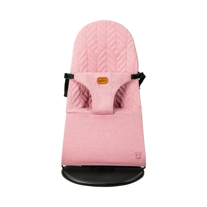 Asalvo Paradise pink baby bouncer front view with black rocker frame