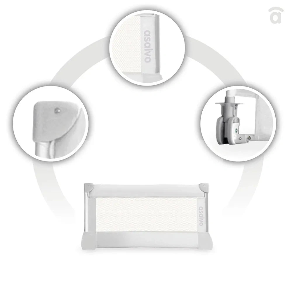 Asalvo Small Bedguard 90cm product image showing mesh panel, side frame, folding hinge mechanism, and close up views of locking and support components