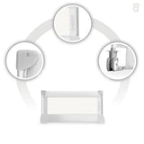 Asalvo Small Bedguard 90cm product image showing mesh panel, side frame, folding hinge mechanism, and close up views of locking and support components