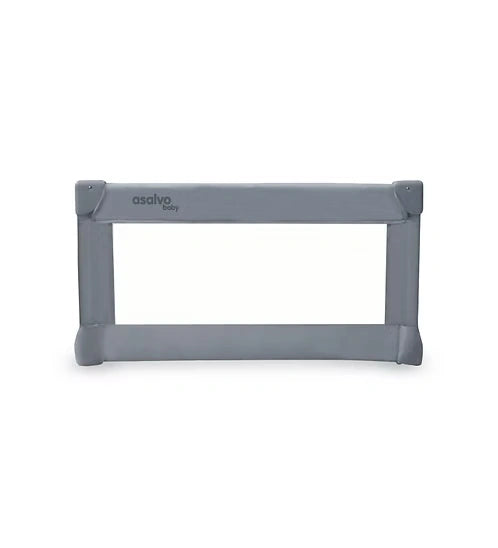 Asalvo Small Bedguard 90cm in dark grey with solid fabric panel and padded frame, shown fully assembled against a white background