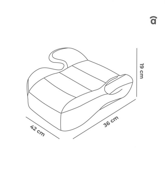Line diagram of the Asalvo SmartSafe I-Size booster seat showing dimensions of 42 cm width, 36 cm depth, and 19 cm height